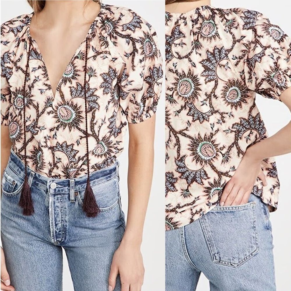 A.L.C. Elly Floral Cotton Blouse 4 Keyhole Tie Neck Puff Sleeve Boho ALC Top